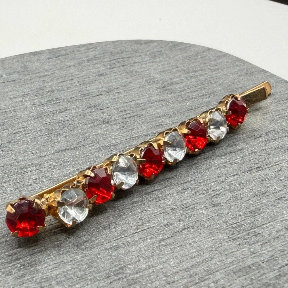 Gold Tone Red Clear Rhinestone Hair Barrette Clip Prong Set Bridal Accessory